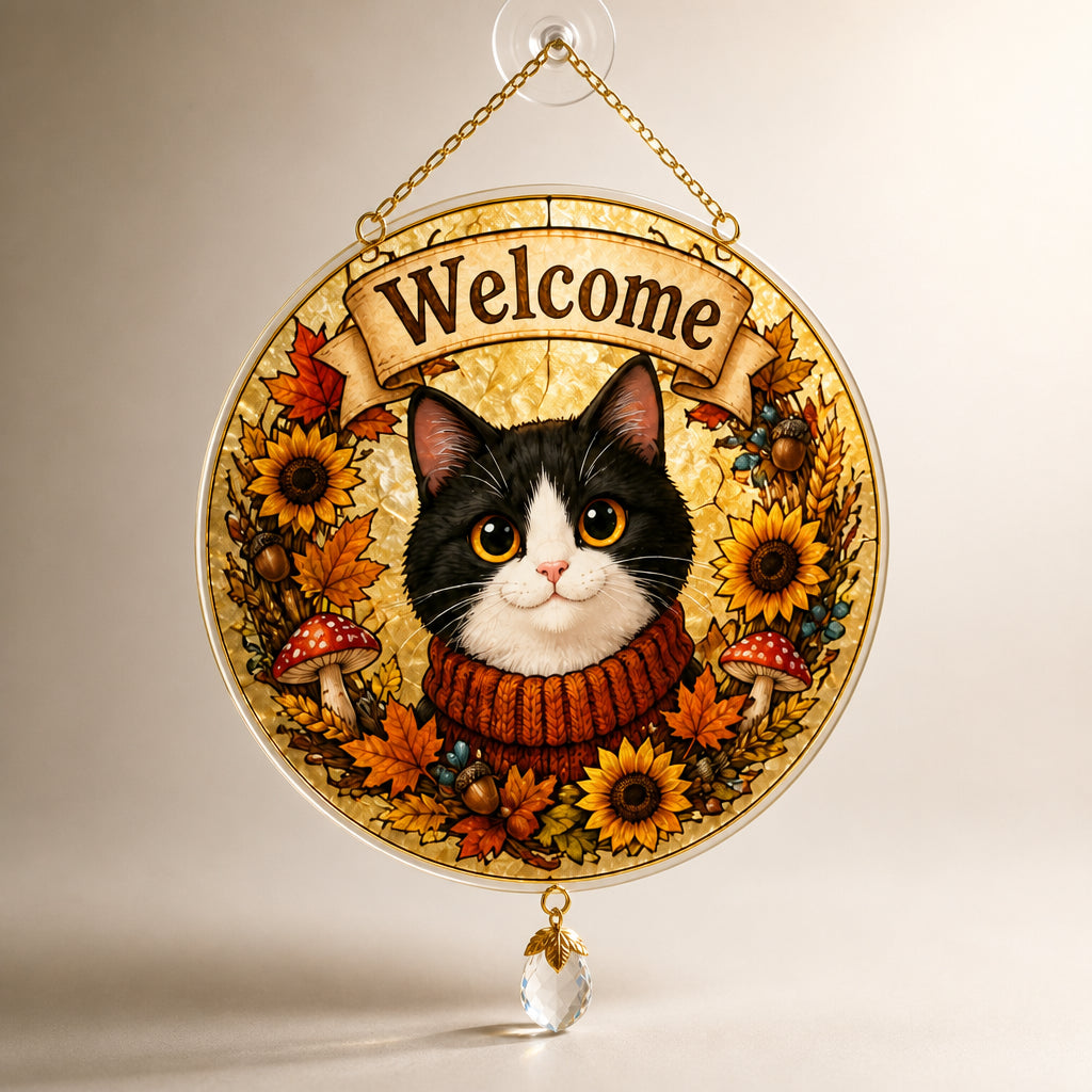 Autumn Tuxedo Cat Welcome Garden Flag - 1 Layered Suncatcher with Charm f2d64fcd-c59c-4a39-8be8-38ca28e3f530.jpg