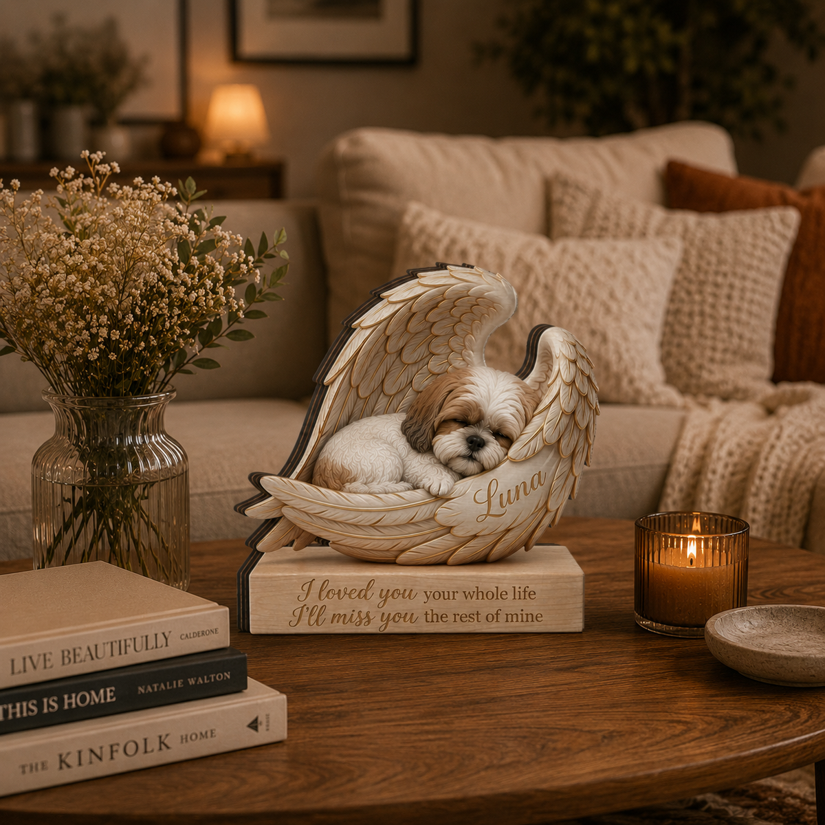 Personalized Wood Shih Tzu Memorial Block: Custom Angel Wing Dog Portrait Stand, Pet Sympathy Gift