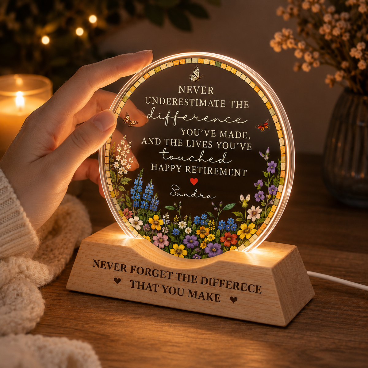 Retirement Wave Night Light Personalized Floral Retirement Window Decor, Colleague Retirement Keepsake, Retired Coworker