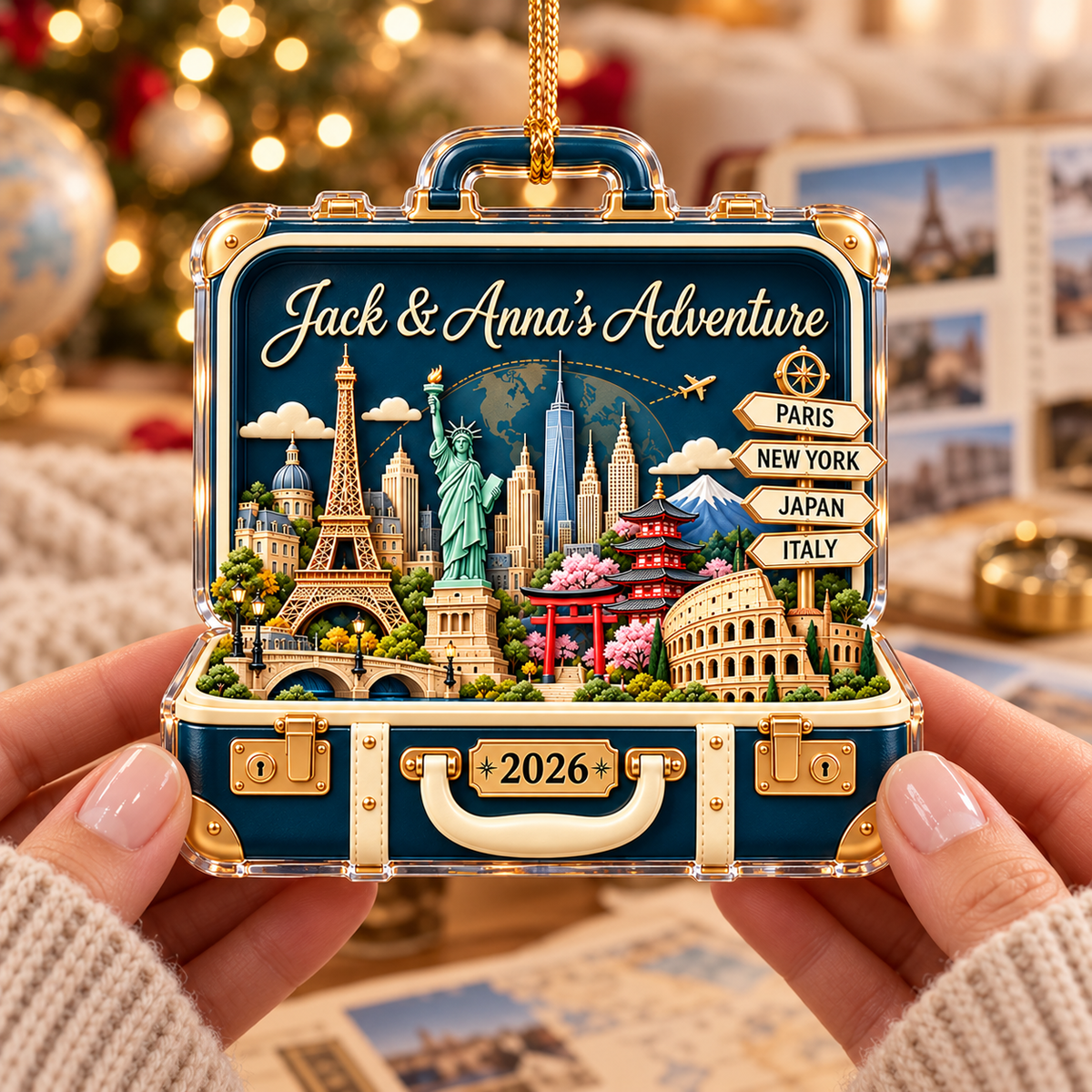 Personalized World Travel Suitcase Christmas Ornament – Custom Names & Year, Couples Adventure Keepsake, Gift for Travel Lovers f3378566-17f6-4e90-b20e-019f7d4dd458-Hands-Hold-a-Personalized-Travel-Ornament-3.png