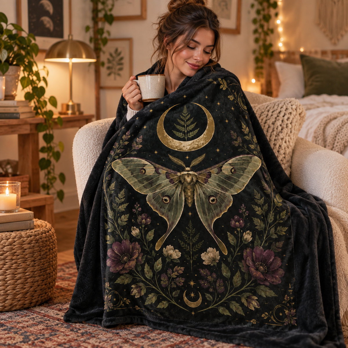 Celestial Luna Moth Blanket, Gothic Botanical Throw, Moon and Stars Bedding Decor, Witchy Bedroom Gift, Dark Floral Home, Luna Moth Blanket f3428b81-65dc-4da4-99a3-308b93e56218-ghtr-3-.png