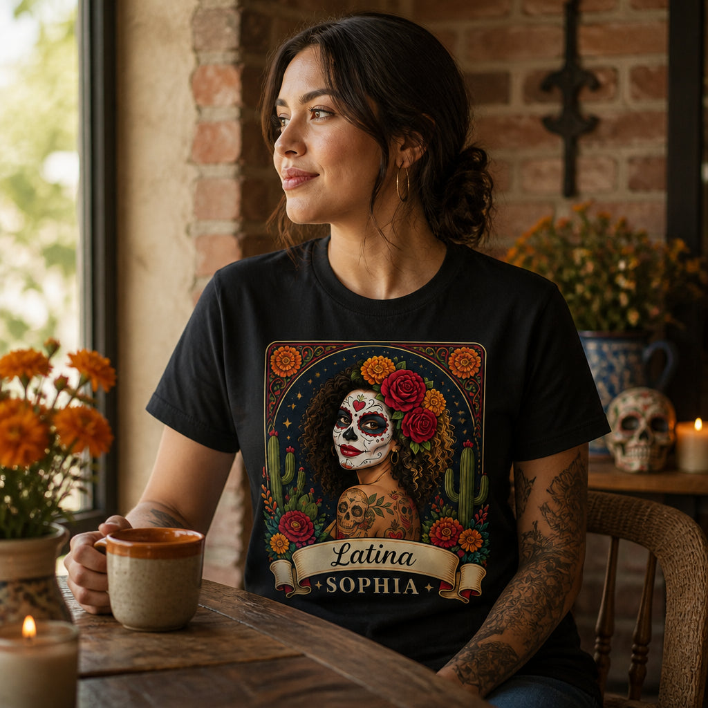 Custom Día de los Muertos Portrait T‑Shirt with Name Banner - Personalized T-shirt f3598001-7695-45ae-8b66-362153aa2e82.jpg