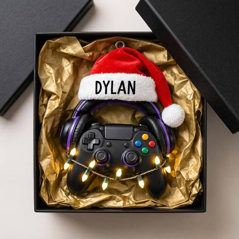 Personalized Gamer Christmas Ornament With Custom Name Santa Hat, Gaming Controller Headset Holiday Tree Decor, Unique Gift For Him f3efee02-a4e7-41b8-a90e-d3270320448e-tyyty-2-.jpg