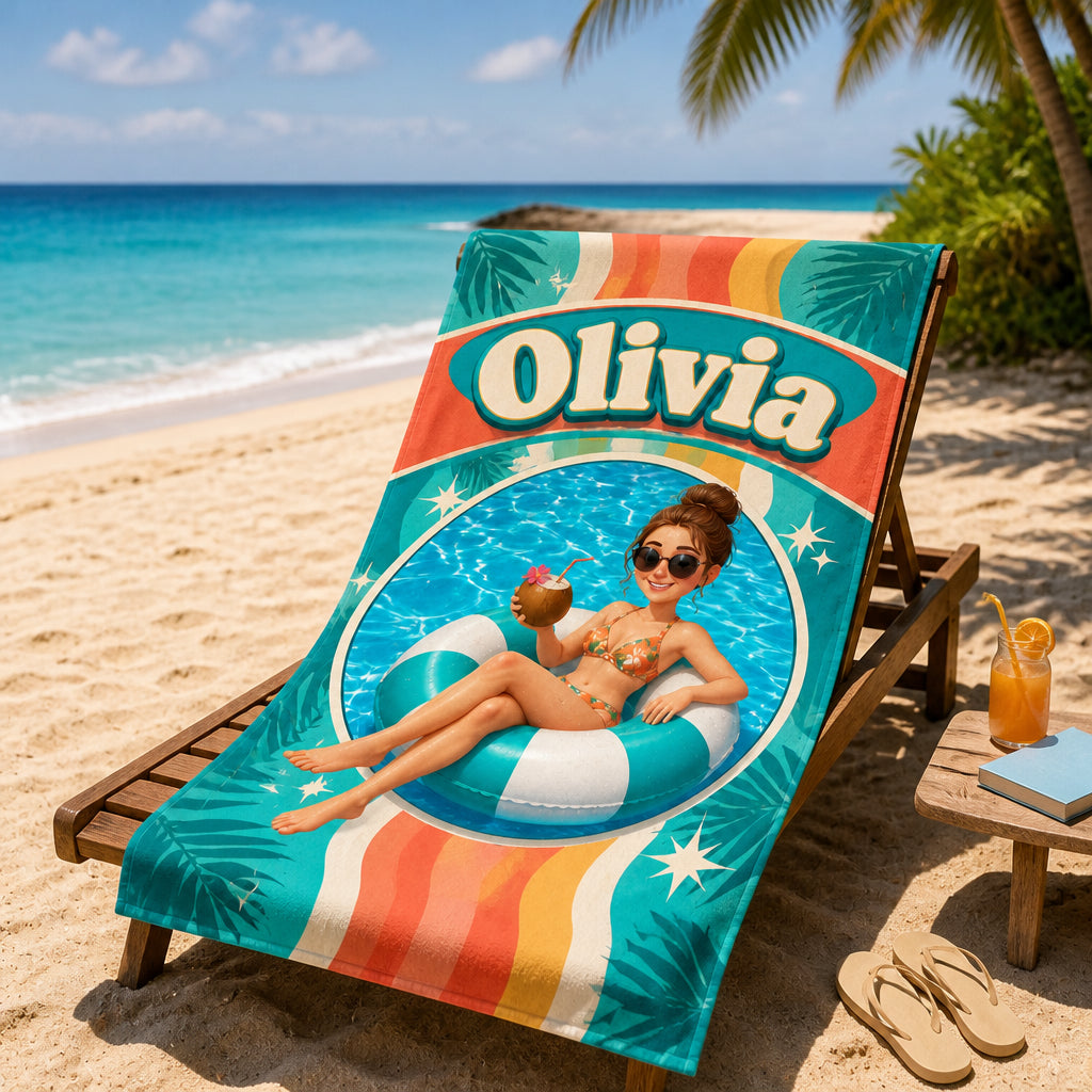 Photo-to-Cartoon Beach Towel – Name + Pool Float Portrait - Personalized Beach Towel f4384bc4-ea83-41f5-b656-5ad92f5eedae.jpg