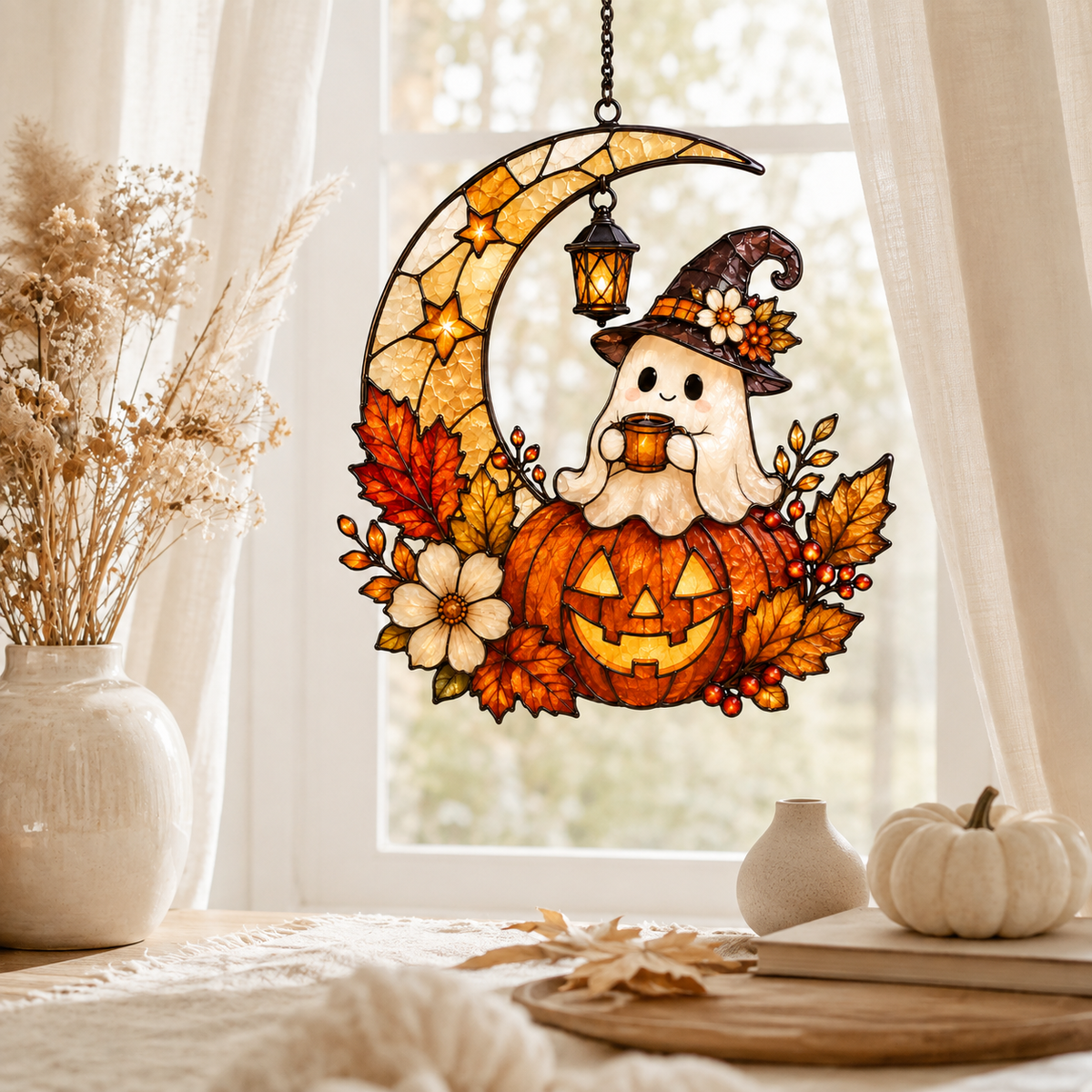Ghost Pumpkin Moon Acrylic Suncatcher, Ghost Drinking Coffee Window Hanging, Halloween Suncatcher, Thanksgiving Gift For Coffee Lovers f4437c28-293c-4928-97af-dea602018654-qq2.png