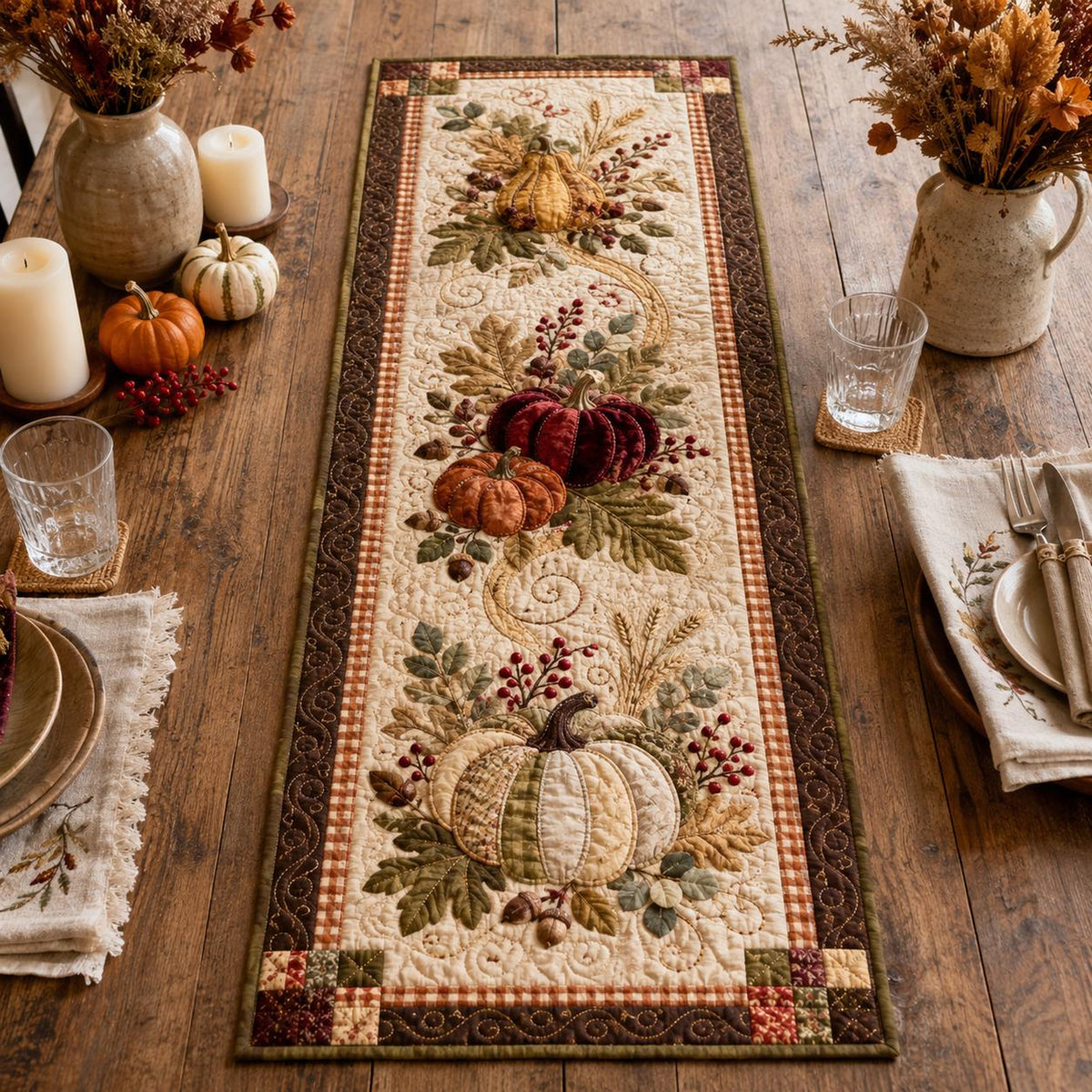 Autumn Harvest Pumpkin Quilted-Style Table Runner, Thanksgiving Farmhouse Decor f4669ec3-188f-4b9f-b396-a7ca265eea42-1.jpg