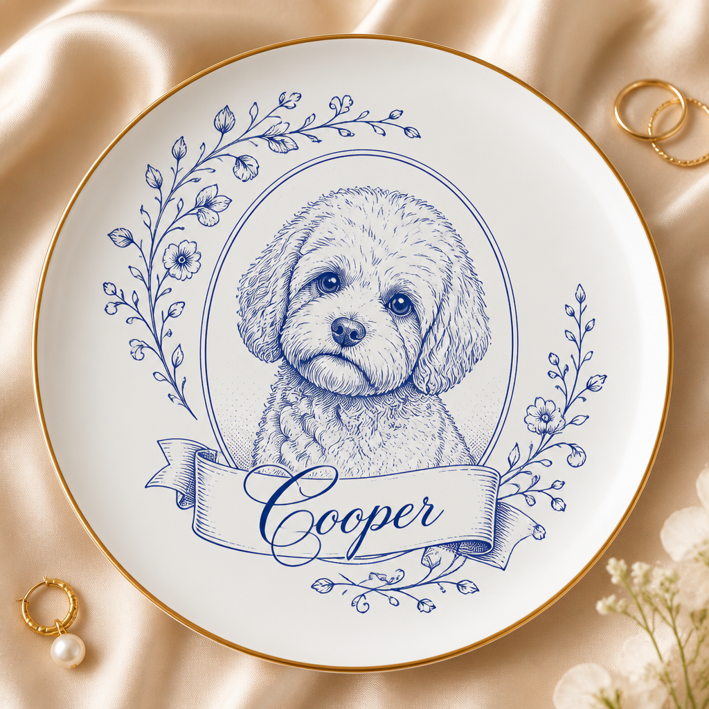 Custom Pet Portrait Floral Name Ceramic Plate - Personalized Personalized Ceramic Plate f49df6ee-f192-4bbf-8783-b08e0afe1ede.png