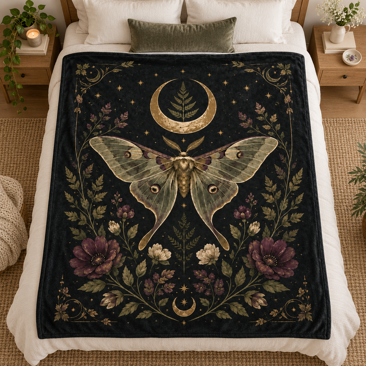 Celestial Luna Moth Blanket, Gothic Botanical Throw, Moon and Stars Bedding Decor, Witchy Bedroom Gift, Dark Floral Home, Luna Moth Blanket f530912e-4679-49f3-8318-01fe24f5a944-ghtr-5-.png