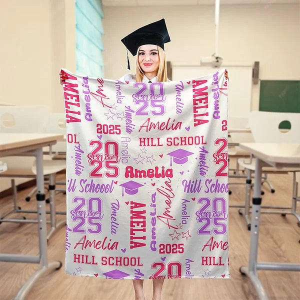 Personalised Colorful 2025 Graduation Hat Soft Throw Blanket with Name and School Name Home Decor Graduation Gift for Graduates