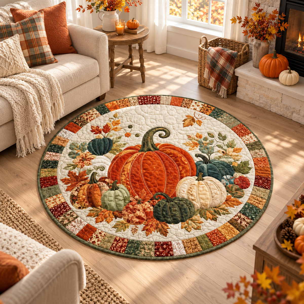 Pumpkin Fall Round Rug, Autumn Quilted Floor Decor, Harvest Area Rug, Thanksgiving Home Decor, Country Pumpkin Rug, Cozy Seasonal Accent f551ffc8-d970-4e4b-b521-6b2905422dec-5868a53d-e52a-4b66-a28a-5eec205ac1c9.png