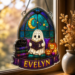 Personalized Cozy Ghost Reader Stained-Glass Suncatcher - Personalized Suncatcher Ornament f56d8fb0-e01e-4296-a6f4-98b1f7cfac44.jpg