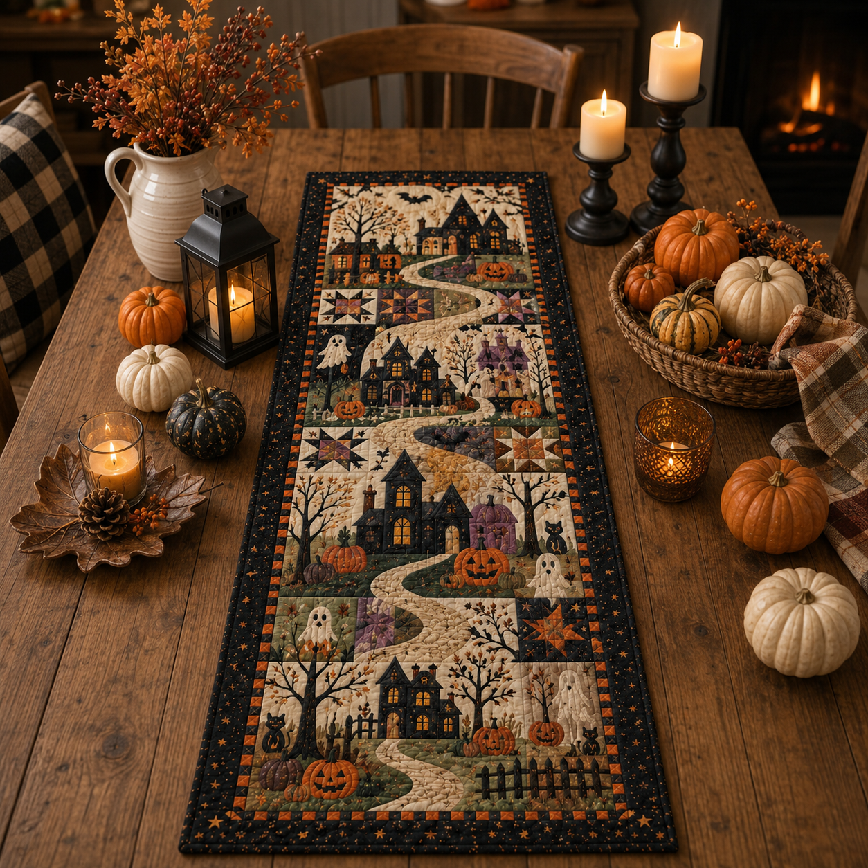 Halloween Quilted Table Runner, Fall Table Runner, Pumpkin Cat Ghost Bat Table Decor, Spooky Autumn Dining Table Runner Halloween Home Decor f585f4f9-9f9f-4d97-ad4c-8902f5004758-banner-1.png