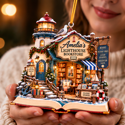 Personalized Lighthouse Bookstore Christmas Ornament – Custom Name 2D Flat Acrylic Ornament, Coastal Book Lover & Beach Reading Gift f5a478f5-fbc4-4796-b974-088a5e90d392-amelia_lighthouse_02_happy_recipient_1200.png