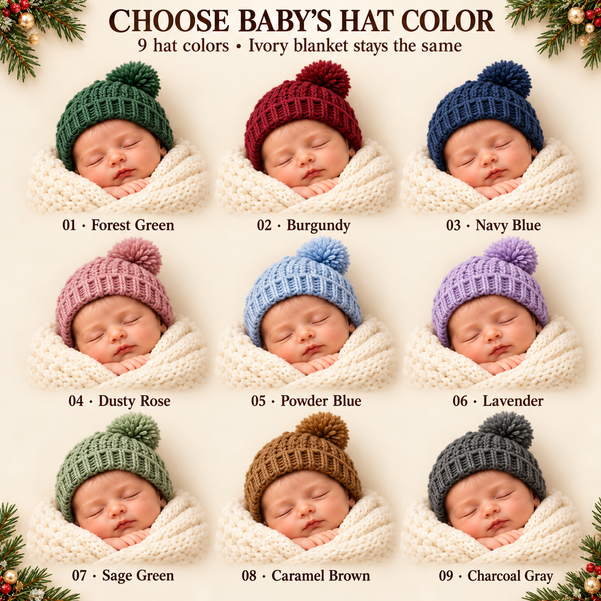Personalized First Christmas as Grandparents Ornament 2026 – Custom Baby Name & Birth Date, Grandma & Grandpa’s Little Blessing Keepsake Gift f5b79945-4675-46fb-8d99-b379d90aecb7-Baby-Hat-Color-Selection-Chart-1.png