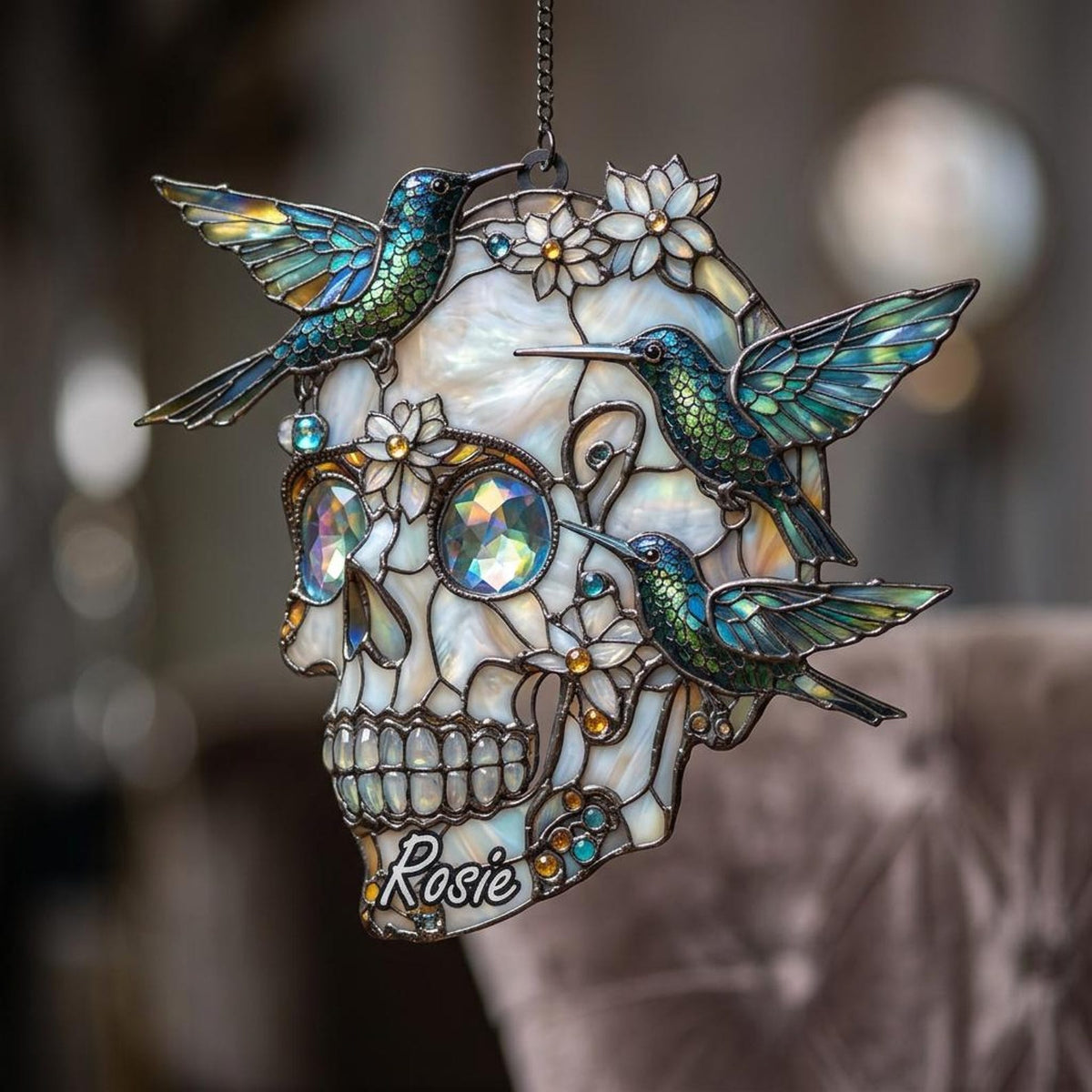 Personalized Hummingbird Skull Suncatcher, Costum Name Faux Stained Glass Window Hanging, Custom Name Gothic Decor, Asthetic Gift For Friends, Family f5be8663-b221-4aa6-bdd7-5cb102949135-skul2.jpg