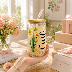 Custom Coffee Cup, Personalized Birthday Flower Glass, Glass With Straw, Birth Flower Tumbler, Bridesmaid Gift, Birthday Gift, Party Favor