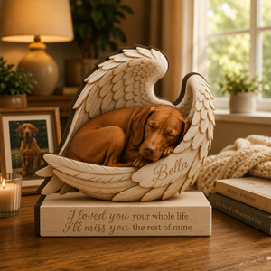 Personalized Wood Vizsla Memorial Block: Custom Angel Wing Dog Portrait Stand, Pet Sympathy Gift