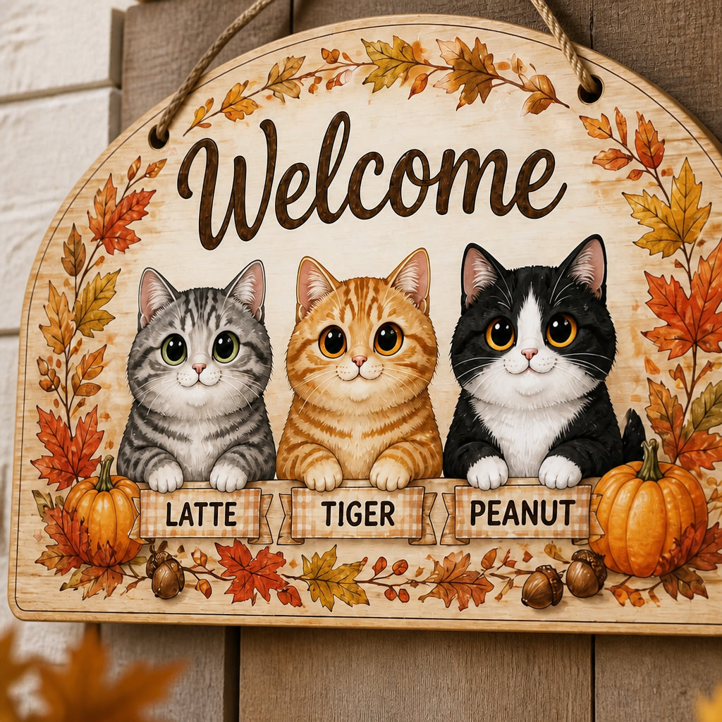 Autumn Cats Welcome Door Sign – 3 Pet Names - Personalized Wood Sign f64e9948-ca7a-4e26-9996-e2695f09963c.jpg