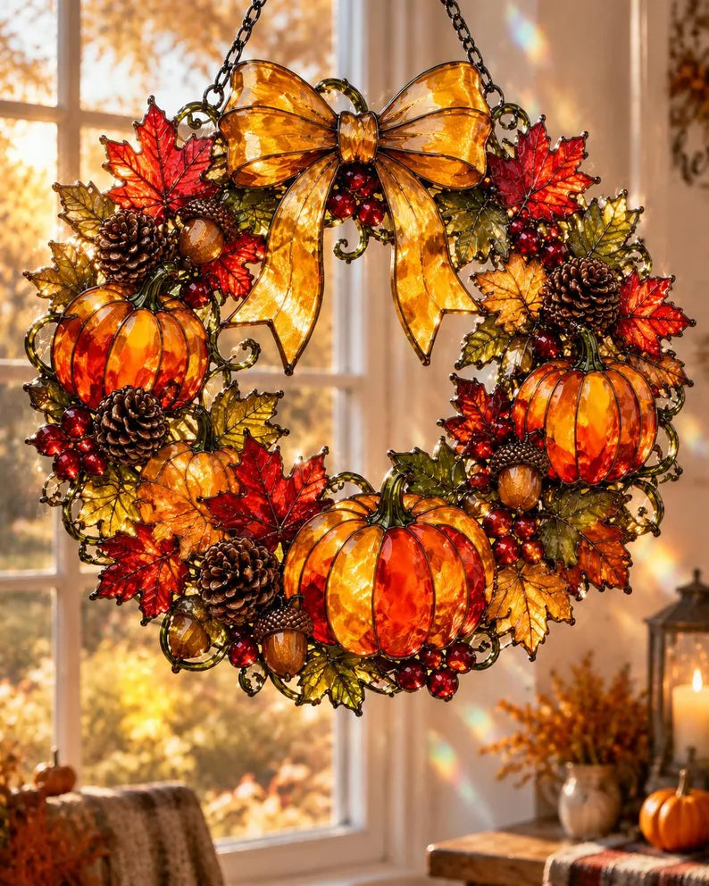 Pumpkin Wreath Suncatcher, Fall Window Decor, Acrylic Stained Glass Style Hanging Art Gift f667729e-1175-4a93-8724-a98e7b7a3494-hgghhghghg.webp