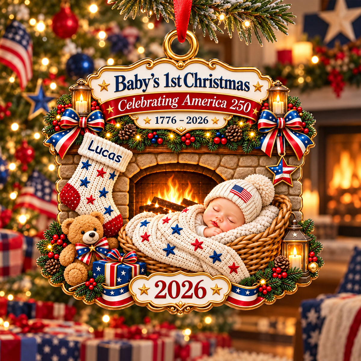 Baby By Fireplace Baby's First Christmas 2D Flat - Personalized Acrylic Ornament - 250th America 1776 - 2026 Anniversary, Patriotic Christmas Decor, Gifts for New Parents f6a244af-5063-4118-829f-c55b9aca531e-2.jpg