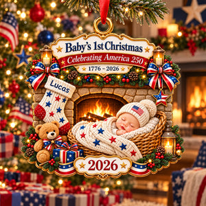 Baby By Fireplace Baby's First Christmas 2D Flat - Personalized Acrylic Ornament - 250th America 1776 - 2026 Anniversary, Patriotic Christmas Decor, Gifts for New Parents f6a244af-5063-4118-829f-c55b9aca531e-2.jpg