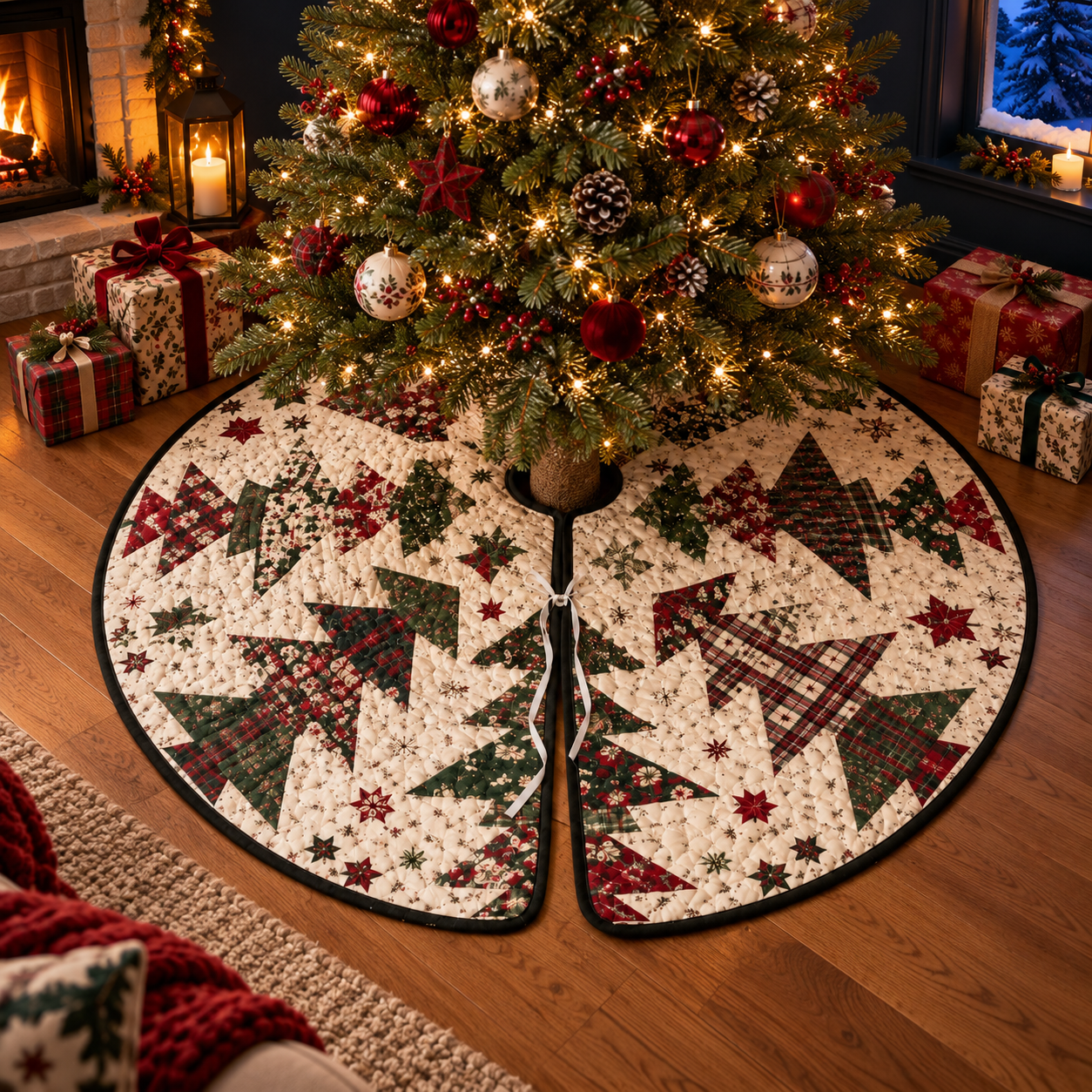 Quilted Christmas Tree Skirt, Patchwork Xmas Tree Skirt, Vintage Red Green Xmas Decor, Rustic Farmhouse Tree Base Cover, Holiday Quilt Decor f6b92e8d-8c29-43fc-bfb8-3dc30d558f77-banner-1.png