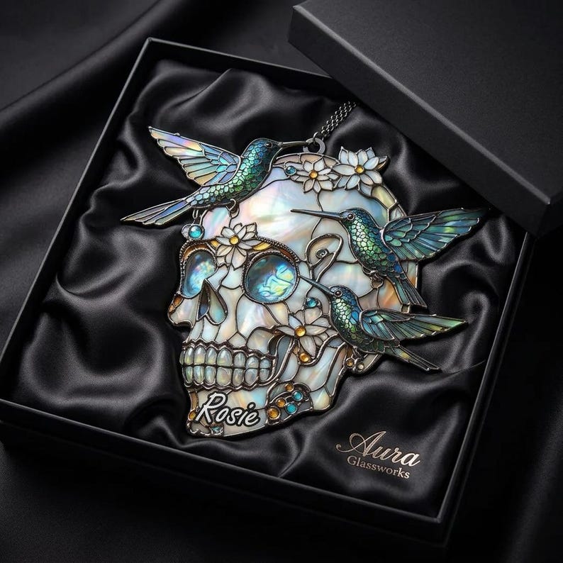Personalized Hummingbird Skull Suncatcher, Costum Name Faux Stained Glass Window Hanging, Custom Name Gothic Decor, Asthetic Gift For Friends, Family f6e66c65-1a34-4b0f-9a06-6e479d37951b-skul3.jpg