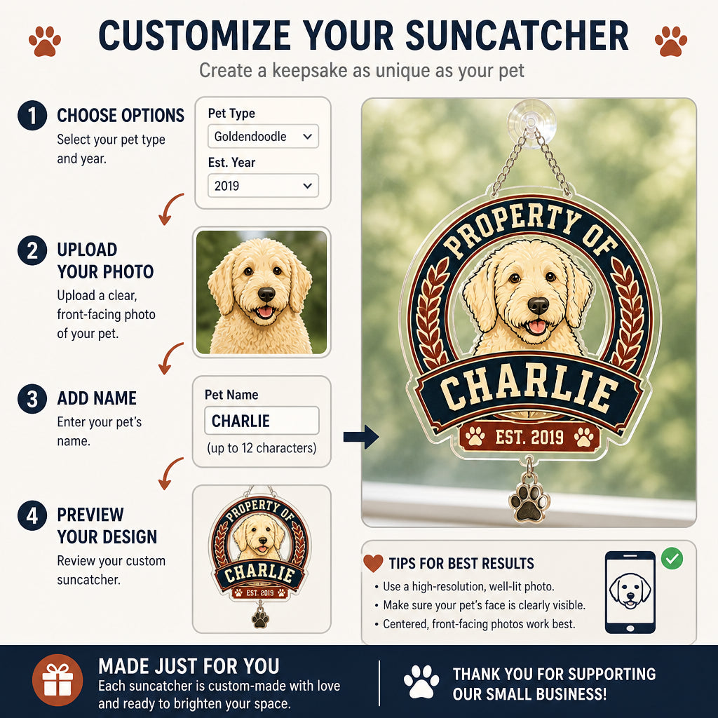 Property Of [Pet Name] Crest Tee (Est. Year) - Personalized 1 Layered Suncatcher with Charm f72e9b7e-1187-4f73-b5a7-4137addfd2a6.jpg