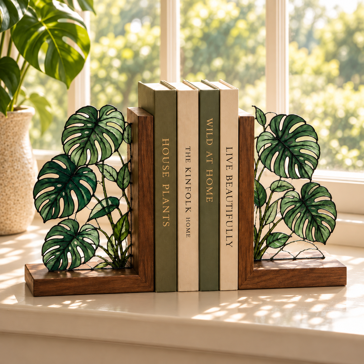 Monstera Stained Glass Bookends, Walnut Wood Botanical Book Decor, Tropical Plant Bookshelf Accent, Book Lover Gift, Housewarming Gift f7427b2a-57d9-4725-8024-f528d367d58c-Monstera-Bookends-in-Sunlit-Garden-Light-3.png