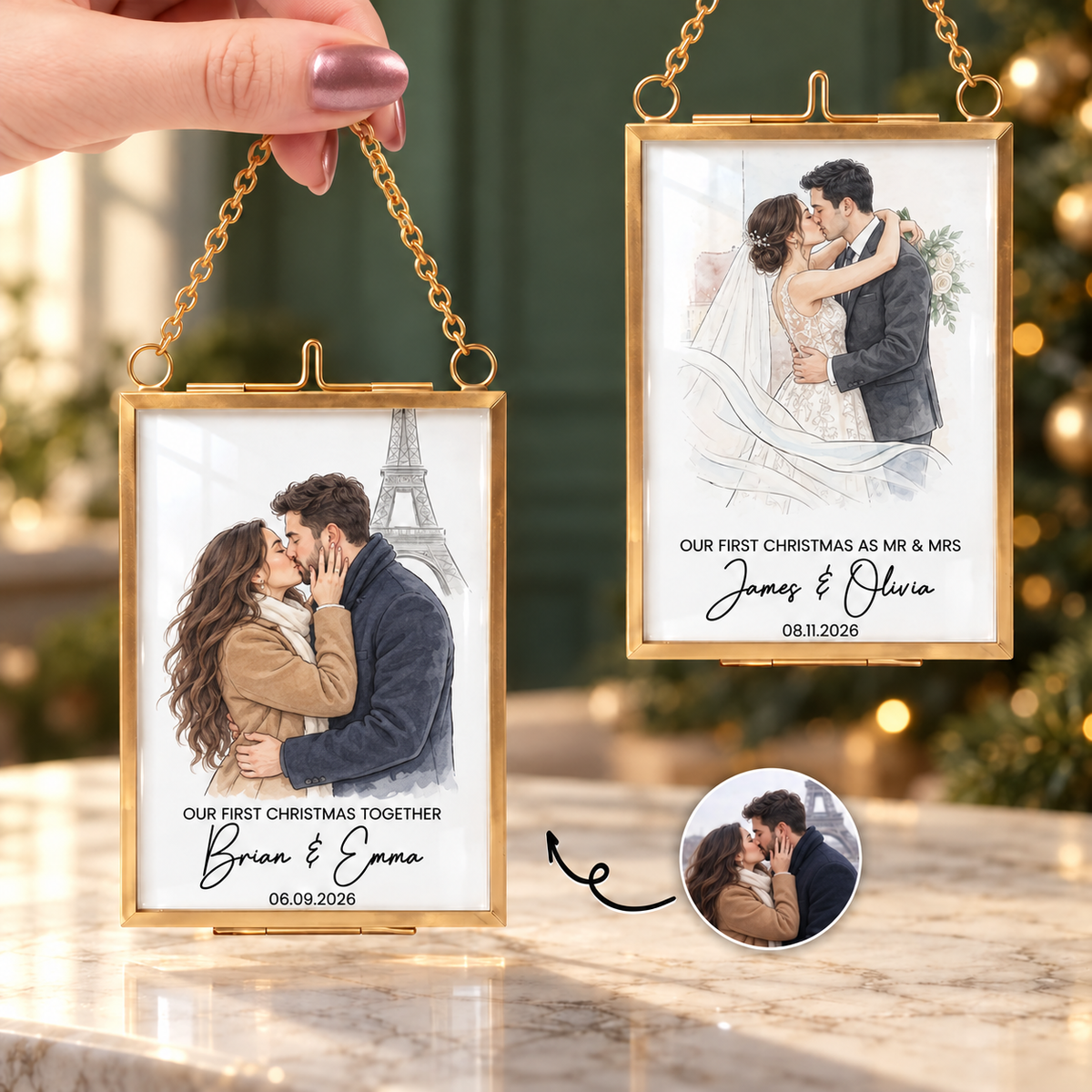 Christmas Frame Ornament Our First Christmas Couple Photo Watercolor - Personalized Frame Ornament, Unique Gift For Couple f7c0c129-9190-448c-8891-6ef9930c3259-Hai-c-p-i-m-t-Gi-ng-sinh.png