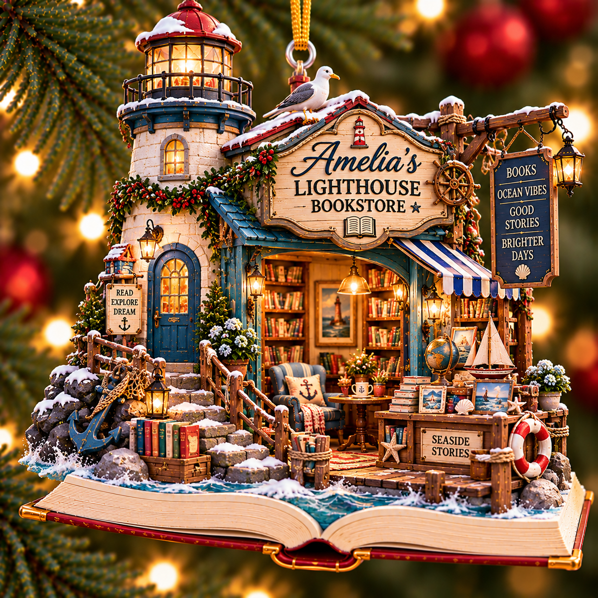 Personalized Lighthouse Bookstore Christmas Ornament – Custom Name 2D Flat Acrylic Ornament, Coastal Book Lover & Beach Reading Gift f7e64338-92b9-48d0-98b7-4bcfc0b547f4-Amelia-s-Lighthouse-Bookstore-Ornament.png