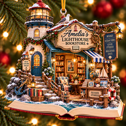 Personalized Lighthouse Bookstore Christmas Ornament – Custom Name 2D Flat Acrylic Ornament, Coastal Book Lover & Beach Reading Gift f7e64338-92b9-48d0-98b7-4bcfc0b547f4-Amelia-s-Lighthouse-Bookstore-Ornament.png