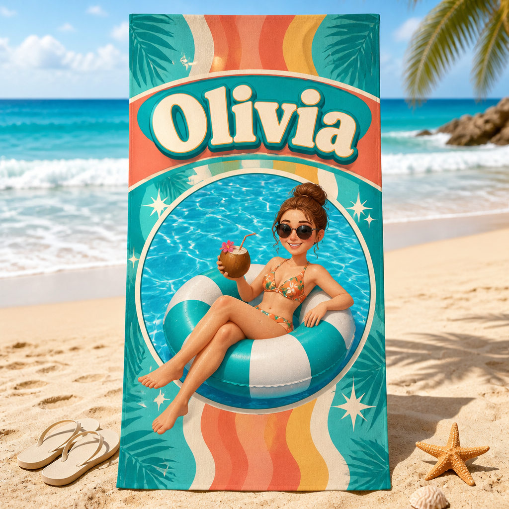 Photo-to-Cartoon Beach Towel – Name + Pool Float Portrait - Personalized Beach Towel f7ef1eea-7206-4408-9b01-6ba560435711.png