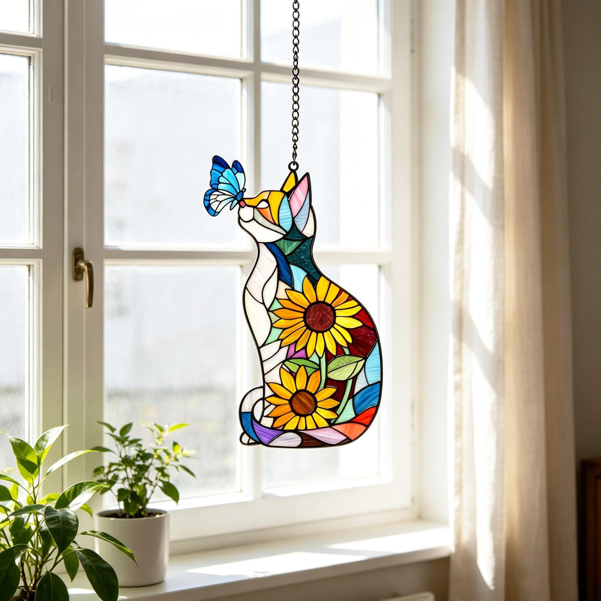 Cat Sunflower Butterfly Acrylic Suncatcher, Stained Glass Style Window Hanging, Boho Indoor Window Decor, Light Catching Gift for Cat Lovers f7f0bcb3-b17a-4ce7-b34f-11b6bc23dec8-3.jpg