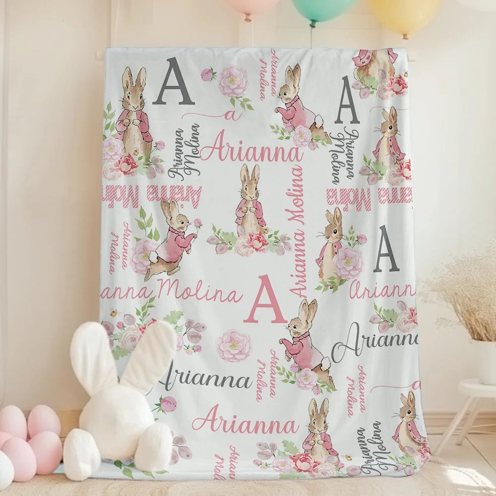 Personalised Peter Rabbit Bunny Floral Blanket with Initial and Name Easter Birthday Gift for Kids