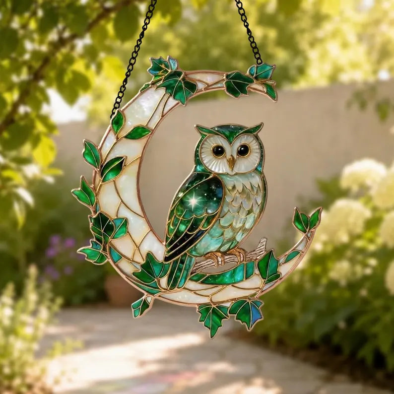 Owl Stained Glass Suncatcher, Moon Owl Window Hanging, Green Owl Decor, Forest Nature Gift, Owl Lover Gift, Celestial Decor, Gift for Mom f899d7c0-aabc-4a8a-bc6c-8a163e5324a7-ghghgh-2-.webp