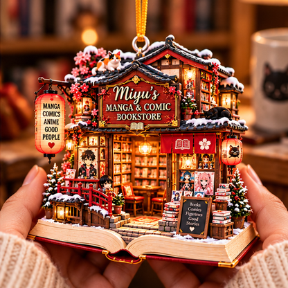 Personalized Manga & Comic Bookstore Christmas Ornament – Custom Name 2D Flat Acrylic Ornament, Anime & Manga Lover Gift f9588923-65ab-41f4-a8f6-3a88e768a933-miyu_manga_comic_02_held_in_hand_1200.png
