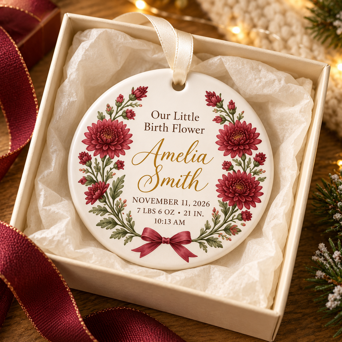 Personalized Baby Birth Flower Ornament, Custom Name & Birth Stats Keepsake, Floral First Christmas Ornament, Gift for New Parents f968ecfc-7c69-41f0-938b-49d3a1ecadf0-November-Chrysanthemum-Newborn-Keepsake-Ornament-4.png