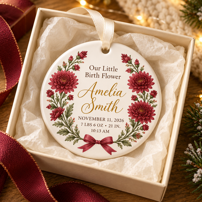 Personalized Baby Birth Flower Ornament, Custom Name & Birth Stats Keepsake, Floral First Christmas Ornament, Gift for New Parents f968ecfc-7c69-41f0-938b-49d3a1ecadf0-November-Chrysanthemum-Newborn-Keepsake-Ornament-4.png