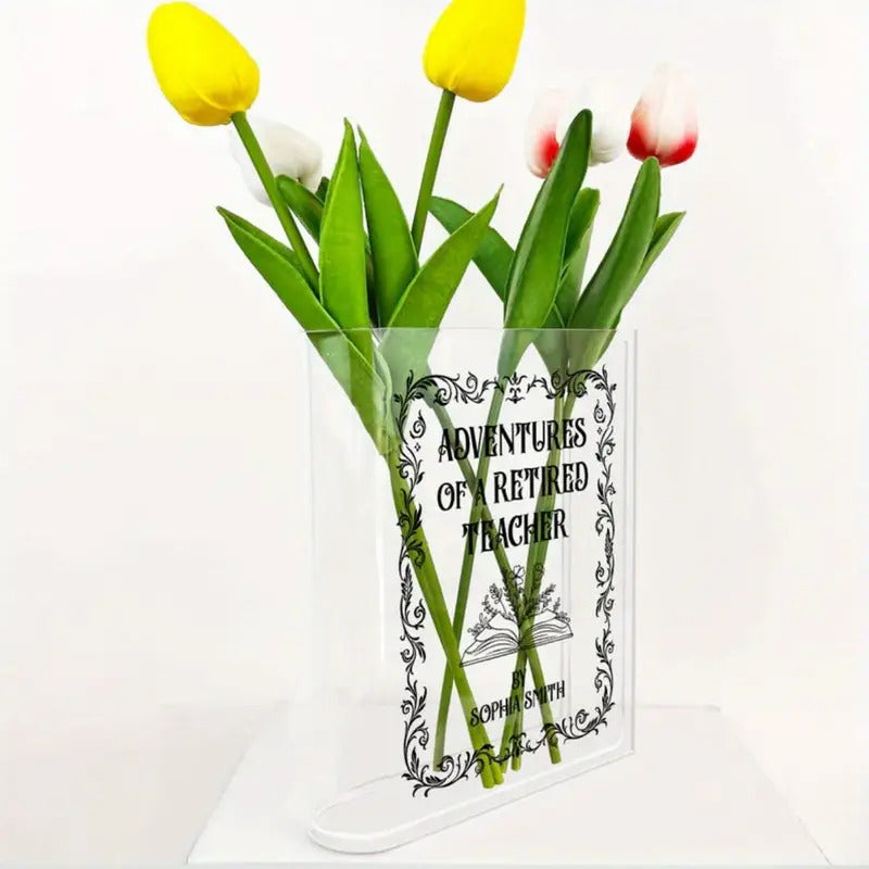 Personalized Teacher Retirement Book Vase - Custom Acrylic Keepsake with Floral Design & Adventures of a Retired Teacher Quote, End of Year Appreciation Gift for Educators