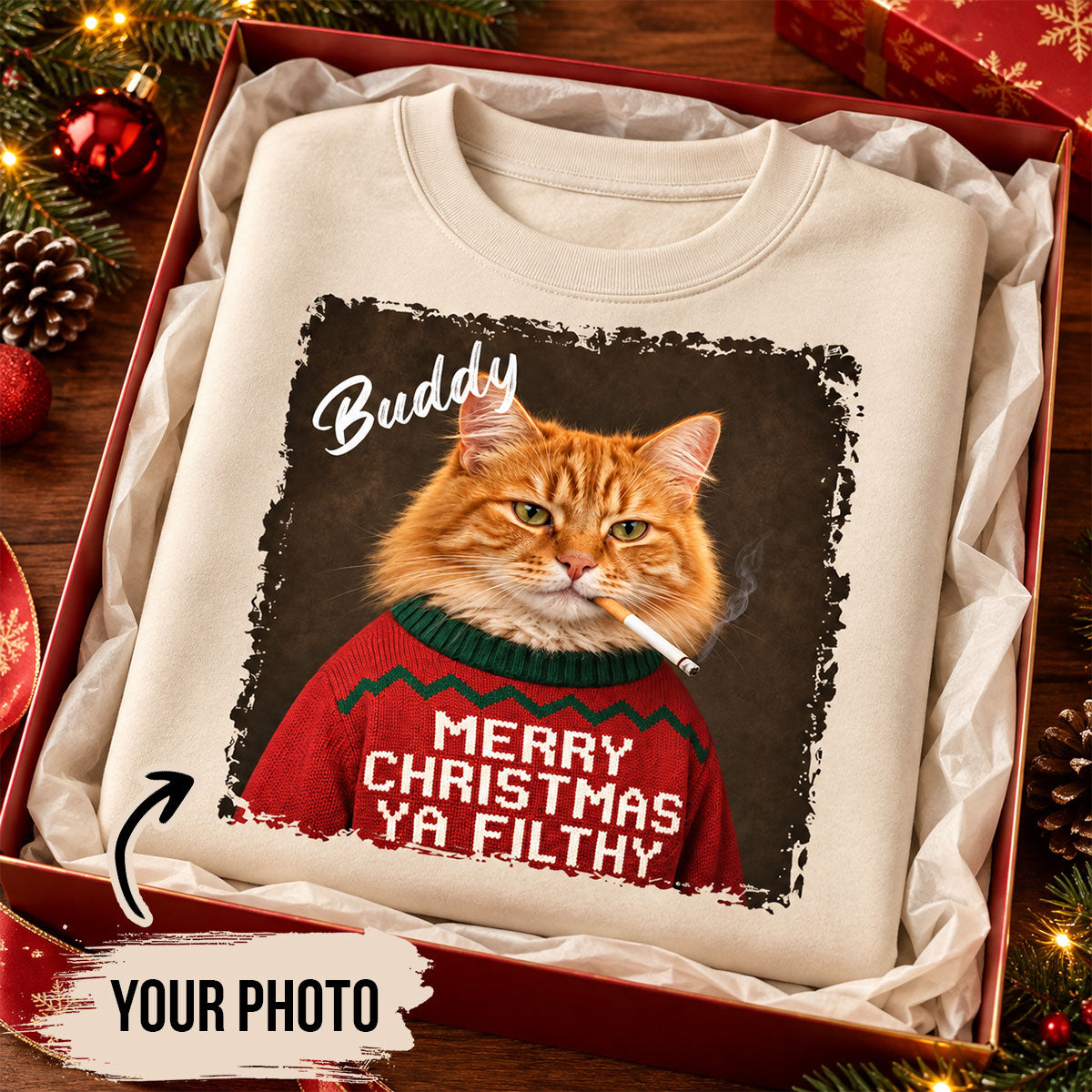 Funny Christmas Smoking Cat Upload Pet Photo - Personalized Shirt - Sarcastic Holiday Meme Tee, Cool Cat Lover Gift, Vintage Grunge Xmas Cat Gift, Ironic Pet Shirt f9886b7e-764c-4c2b-85d0-f5e774309b19-1-6-.jpg