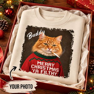 Funny Christmas Smoking Cat Upload Pet Photo - Personalized Shirt - Sarcastic Holiday Meme Tee, Cool Cat Lover Gift, Vintage Grunge Xmas Cat Gift, Ironic Pet Shirt f9886b7e-764c-4c2b-85d0-f5e774309b19-1-6-.jpg