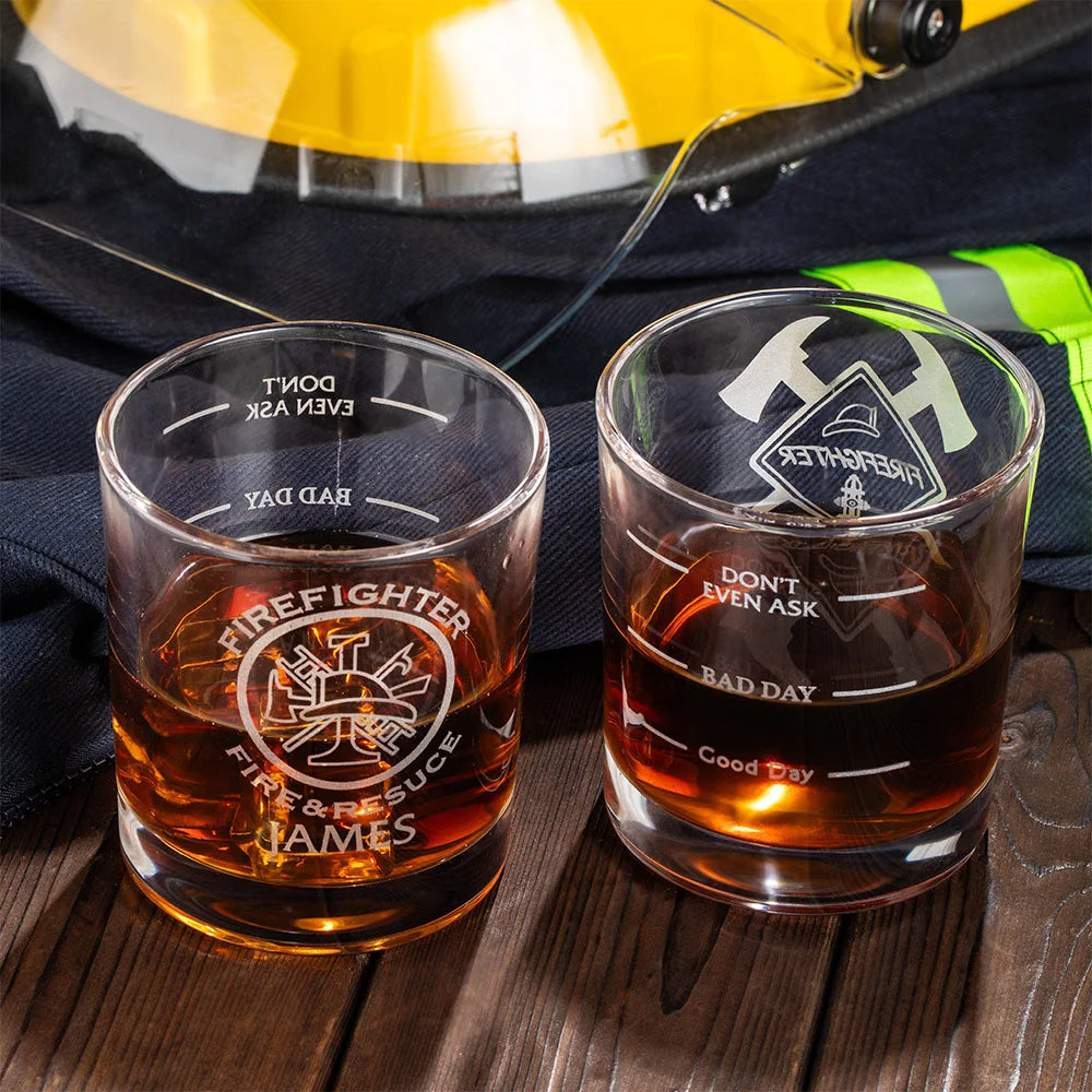 Personalised Firefighter Badge Etched Whisky Glass with Text Birthday Retirement Gift for Firefighter