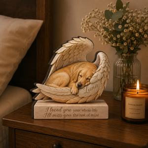 Personalized Wood Golden Retriever Memorial Block: Custom Angel Wing Dog Portrait Stand, Pet Sympathy Gift