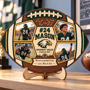 Personalized Football Photo Collage Plaque with Stand – Custom Senior Night & Graduation Gift for Football Players fa1033f2-de59-40ae-8f3b-a1d9ad6c050f-Football-keepsake-on-oak-shelf-4.png