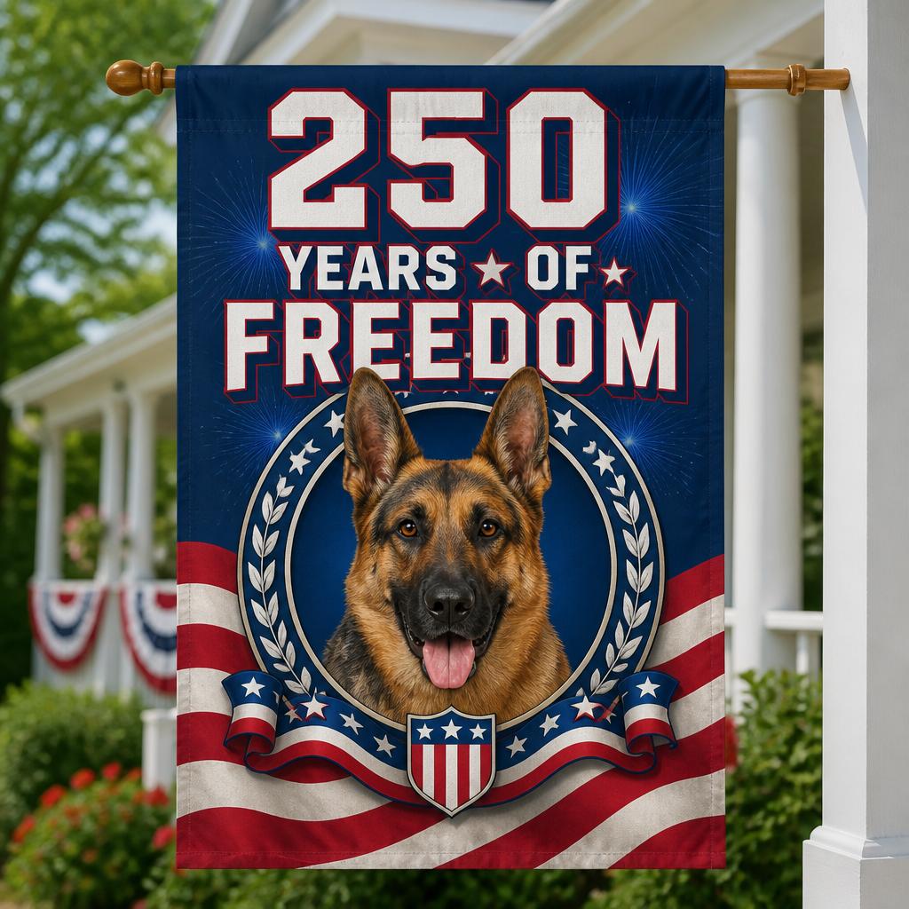 Patriotic German Shepherd — 250 Years of Freedom Garden Flag - Family Flag fa2e478f-d86d-4bb0-b3a9-2eb3e00a270d.png