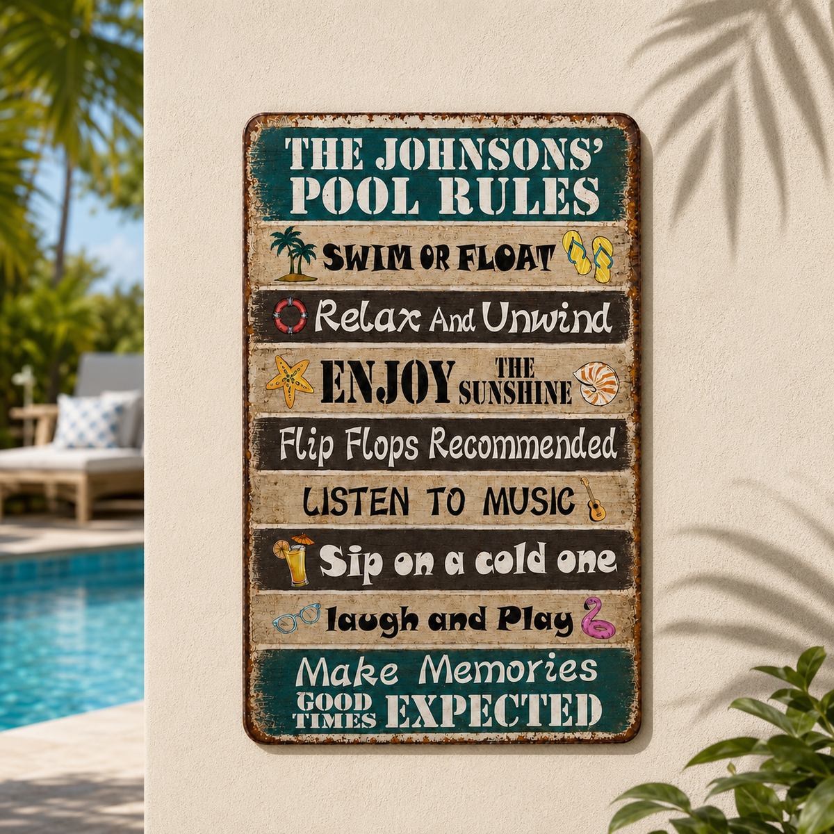 Personalized Funny Pool Rules Metal Sign, Custom Family Name Decor