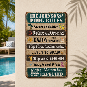 Personalized Funny Pool Rules Metal Sign, Custom Family Name Decor