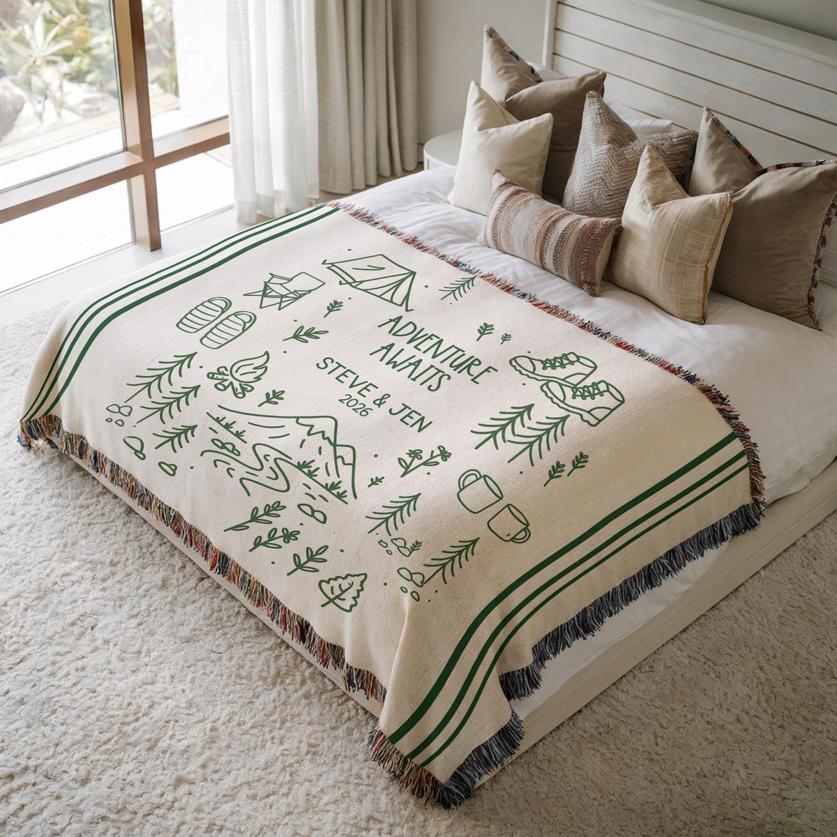 Personalized Couples Woven Throw Blanket | Adventure Awaits Moss Green Boho Stripe, Doodle Style Home Accent Wedding Engagement Anniversary faa9b82e-1ed7-41e1-a1c7-d85a73e4ef03-5.jpg