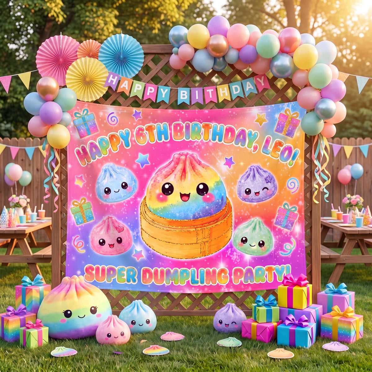 Custom Dumpling Birthday Backdrop, Plushie Theme Party Banner, Kawaii Personalized Tapestry, Pastel Kids Birthday Decor, Photo Booth Prop fab97379-db01-448c-a6b4-99381235baae-6.jpg